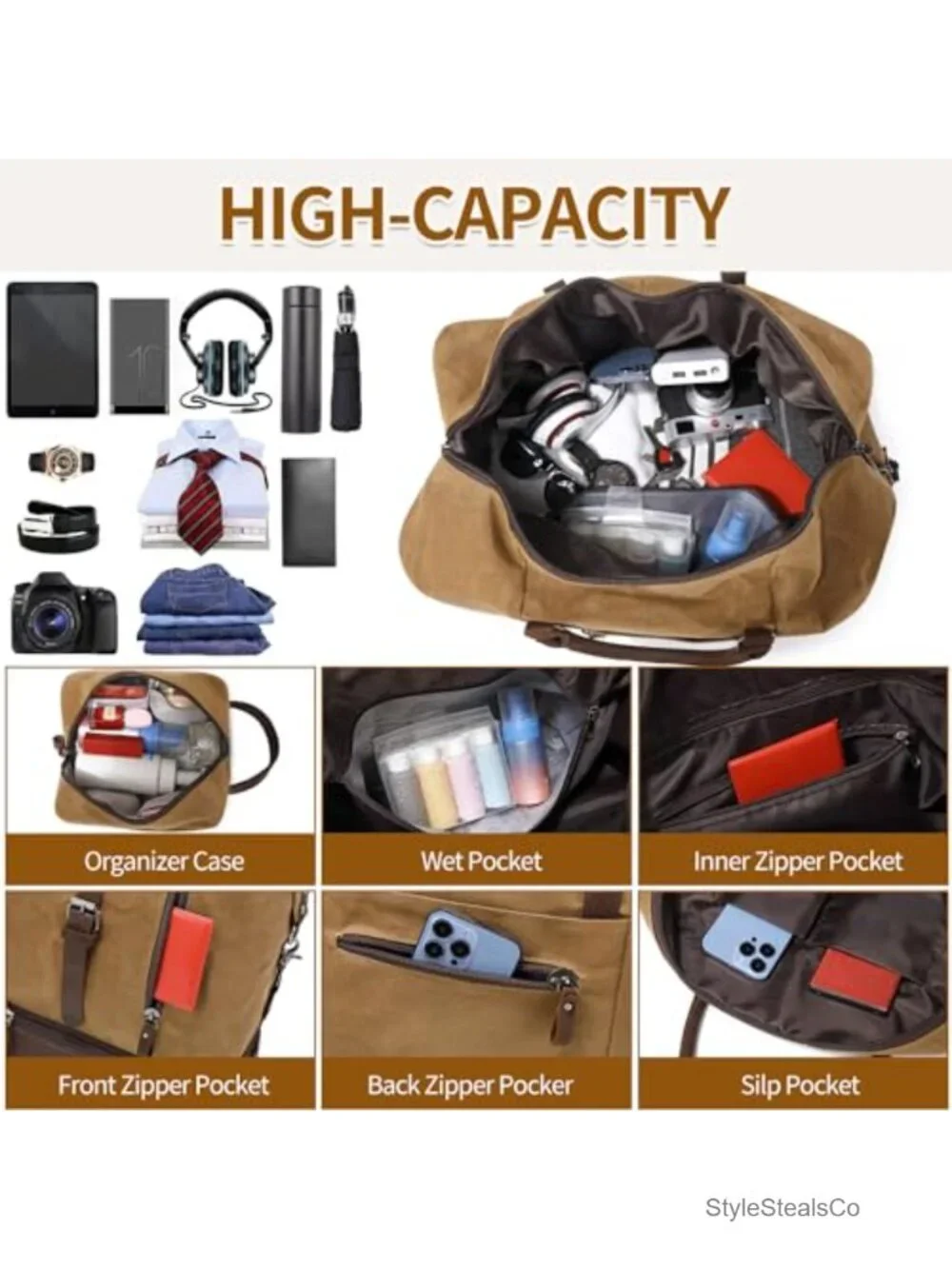 Canvas Waxed Weekender Bag with Shoe Compartment - Travel Duffel